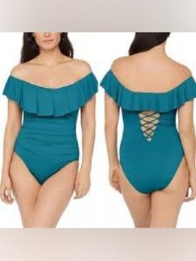 La Blanca Off The Shoulder Ruffle One Piece Swimsuit Teal Ruched Corset Back 8